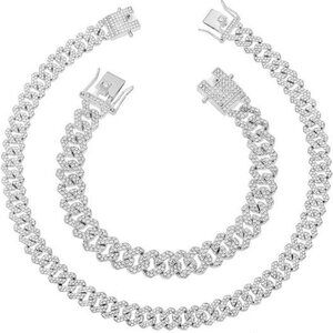 14k Gold Silver Cuban Link Chain Women Iced Out Diamond Cuban Link Necklace Chai